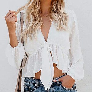Boho Open Front Tie Knot Crop Top Long Sleeve Deep V Neck Ruffle Top